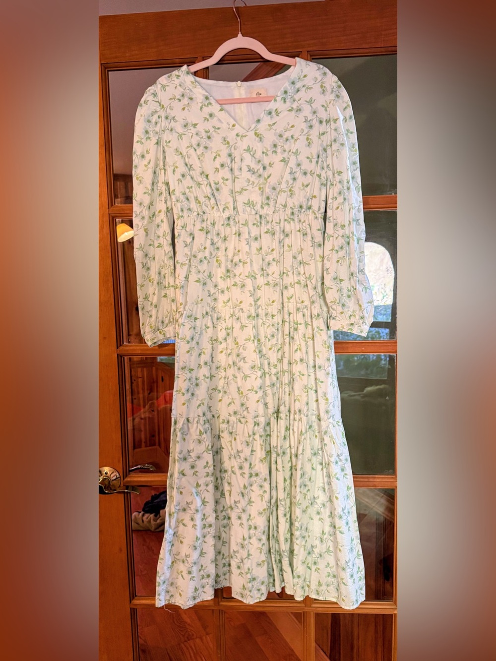 Light Cream Maxi Dress with Green Floral Print - Elegant V-Neck